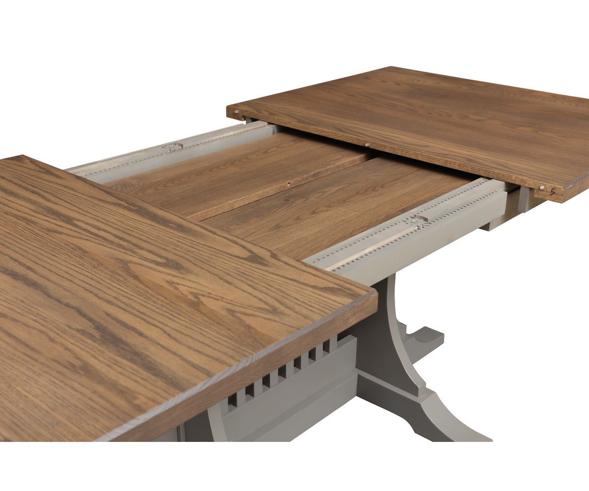 hand-rubbed finish hardwood Rectangular Double Pedestal Extension Dining Table, Rectangular Double Pedestal Extension Dining Table in a showroom vignette setting highlighting Rectangular Double Pedestal Extension Dining Table (thumbnail 2 of 4).