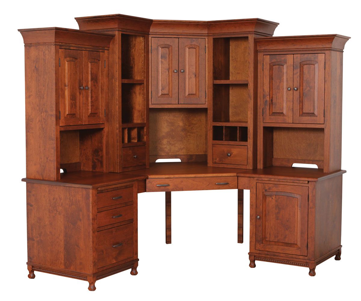 hand-rubbed finish hardwood Corner L-shaped Cherry Wood Home Office Desk With Hutch, Corner L-shaped Cherry Wood Home Office Desk With Hutch in a showroom vignette setting highlighting Corner L-shaped Cherry Wood Home Office Desk With Hutch (thumbnail 2 of 2).