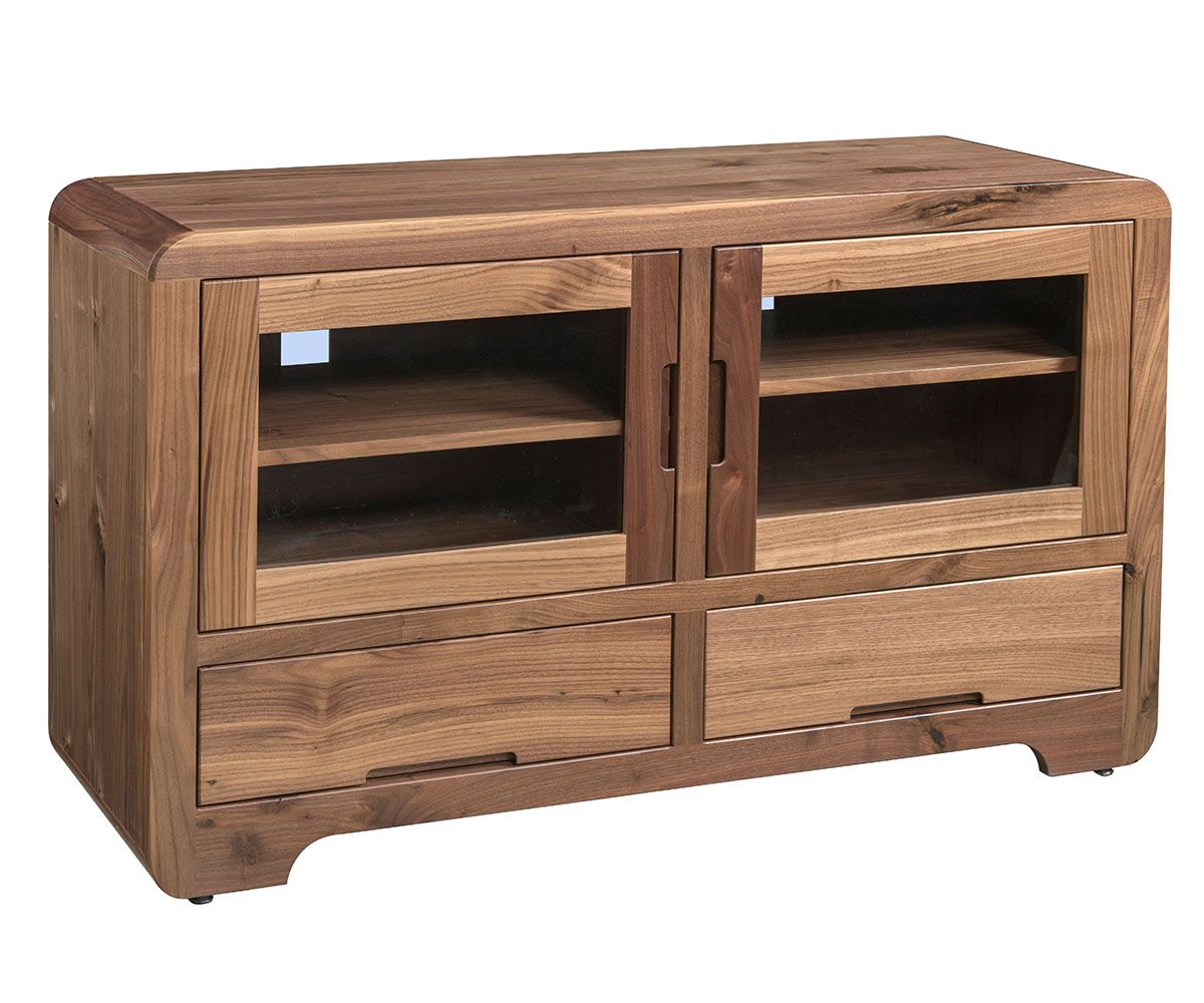 Rounded Edge Glass Door Media Console With Lower Drawers