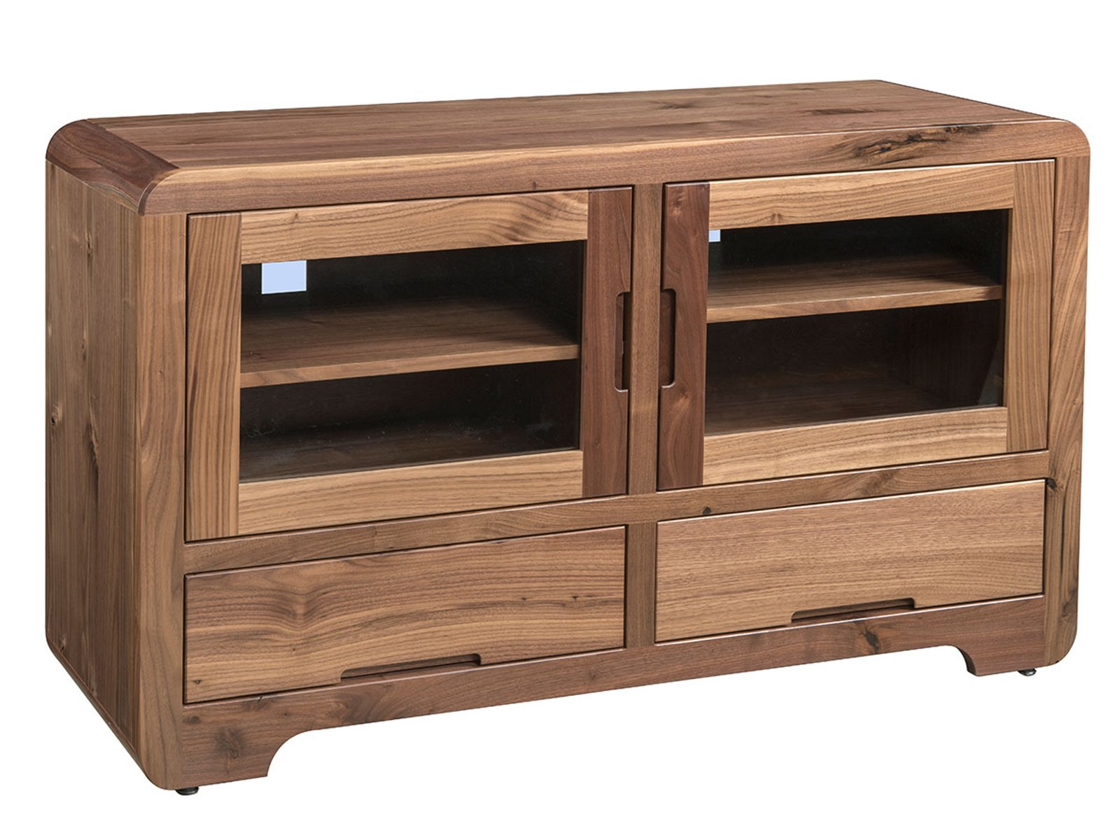 hand-rubbed finish hardwood Rounded Edge Glass Door Media Console With Lower Drawers, Rounded Edge Glass Door Media Console With Lower Drawers in a showroom vignette setting highlighting Rounded Edge Glass Door Media Console With Lower Drawers (frame 1 of 1).