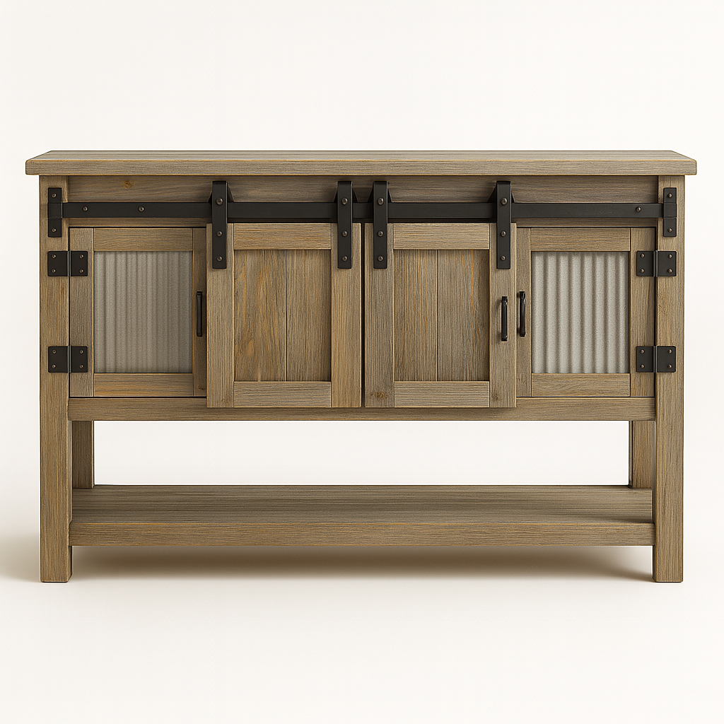 hand-rubbed finish hardwood Timber & Tin Sideboard, Reclaimed barnwood sideboard with four sliding doors on a black steel track, corrugated metal end panels, and an open lower shelf. in a showroom vignette setting highlighting Reclaimed barnwood sideboard with four sliding doors on a black steel track, corrugated metal end panels, and an open lower shelf. (frame 1 of 4).