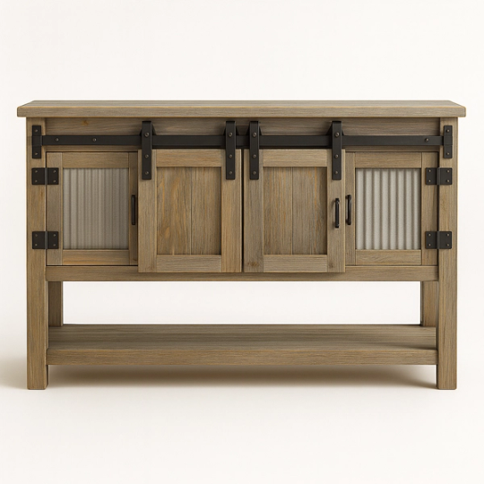 Reclaimed barnwood sideboard with four sliding doors on a black steel track, corrugated metal end panels, and an open lower shelf.