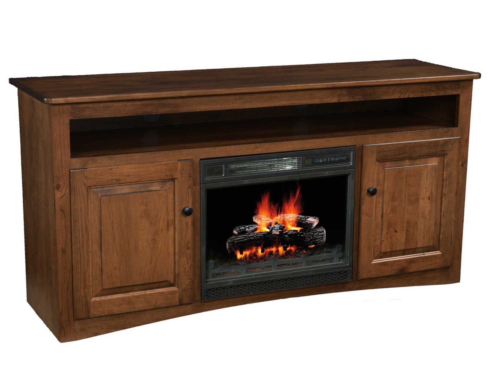 hand-rubbed finish hardwood Wooden Fireplace Tv Stand With Storage Cabinets And Open Shelf, Wooden Fireplace Tv Stand With Storage Cabinets And Open Shelf in a showroom vignette setting highlighting Wooden Fireplace Tv Stand With Storage Cabinets And Open Shelf (frame 1 of 5).