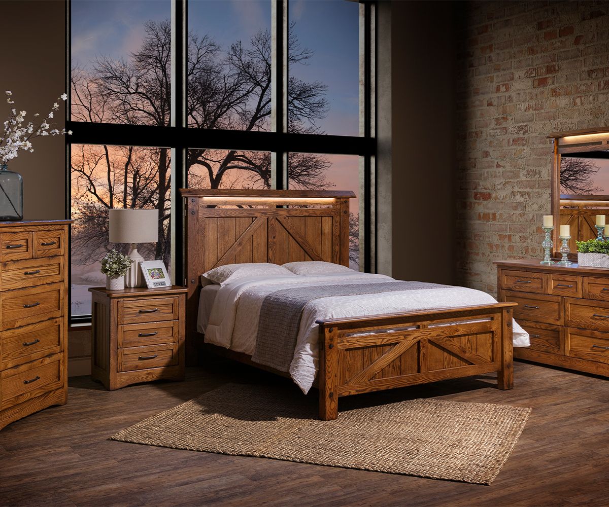 hand-rubbed finish hardwood Farmstead Rustic Panel Bed With Led Headboard, Farmstead Rustic Panel Bed With Led Headboard in a Farmstead vignette setting highlighting Farmstead Rustic Panel Bed With Led Headboard (thumbnail 3 of 5).