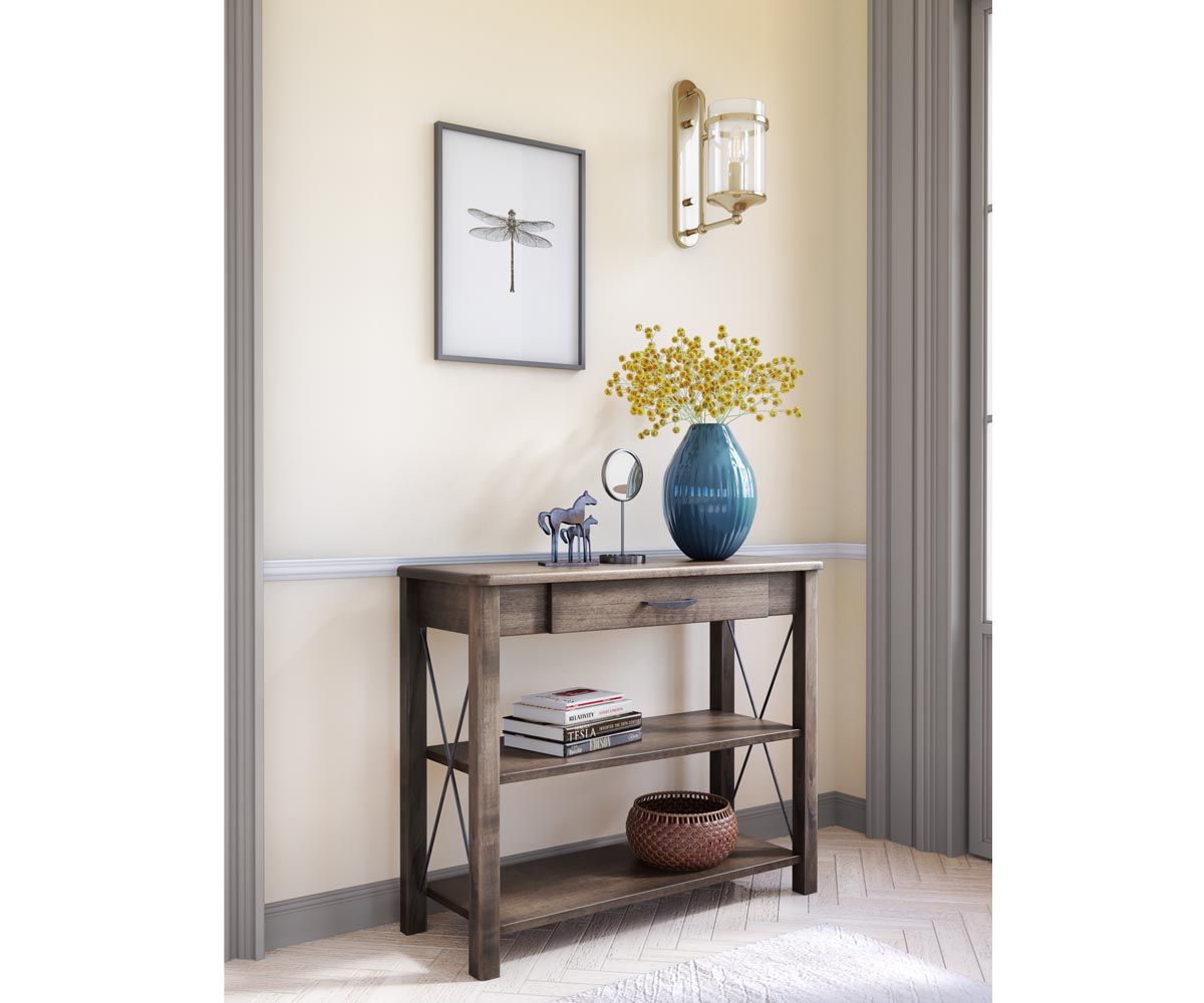 hand-rubbed finish hardwood Crossway Console Table With Drawer And Shelves, Crossway Console Table With Drawer And Shelves in a Crossway vignette setting highlighting Crossway Console Table With Drawer And Shelves (thumbnail 2 of 2).