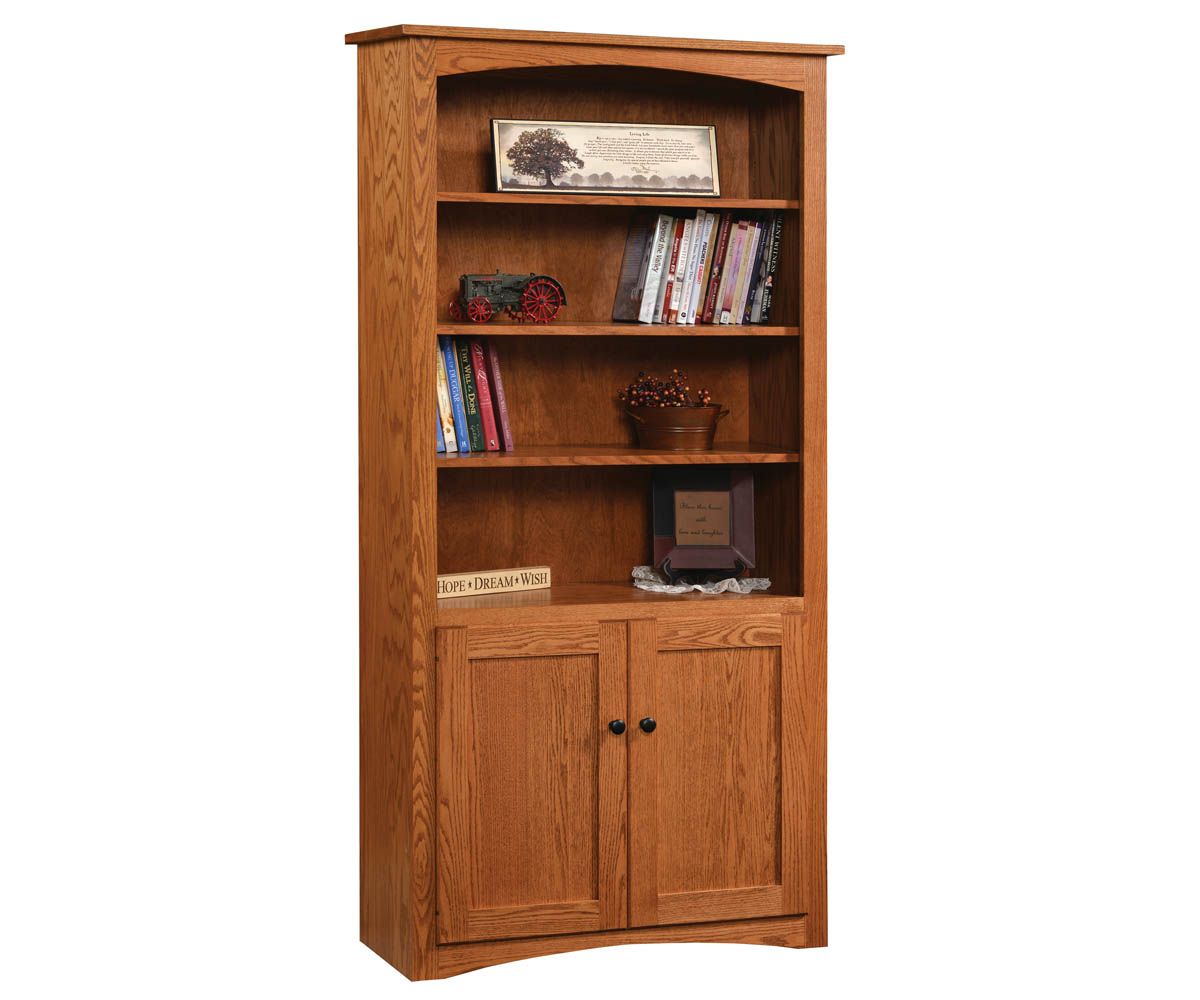 hand-rubbed finish hardwood Tall Wood Bookcase With Lower Storage Doors And Adjustable Shelves, Tall Wood Bookcase With Lower Storage Doors And Adjustable Shelves in a showroom vignette setting highlighting Tall Wood Bookcase With Lower Storage Doors And Adjustable Shelves (thumbnail 6 of 6).