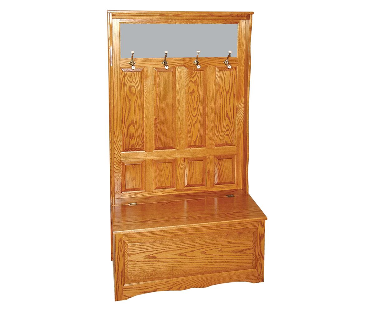 Paneled Oak Hall Tree Bench With Storage And Mirror