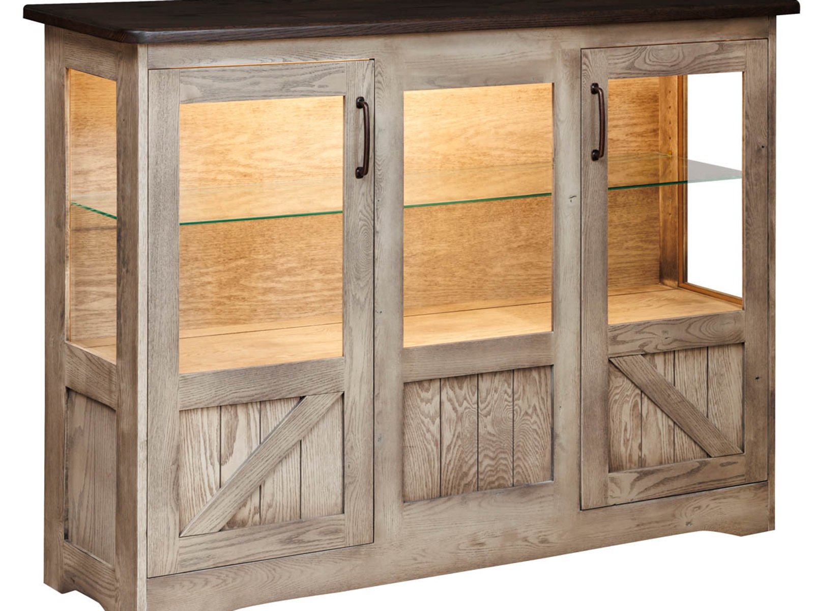 hand-rubbed finish hardwood Farmstead Three-door Glass Display Server, Farmstead Three-door Glass Display Server in a Farmstead vignette setting highlighting Farmstead Three-door Glass Display Server (frame 1 of 2).