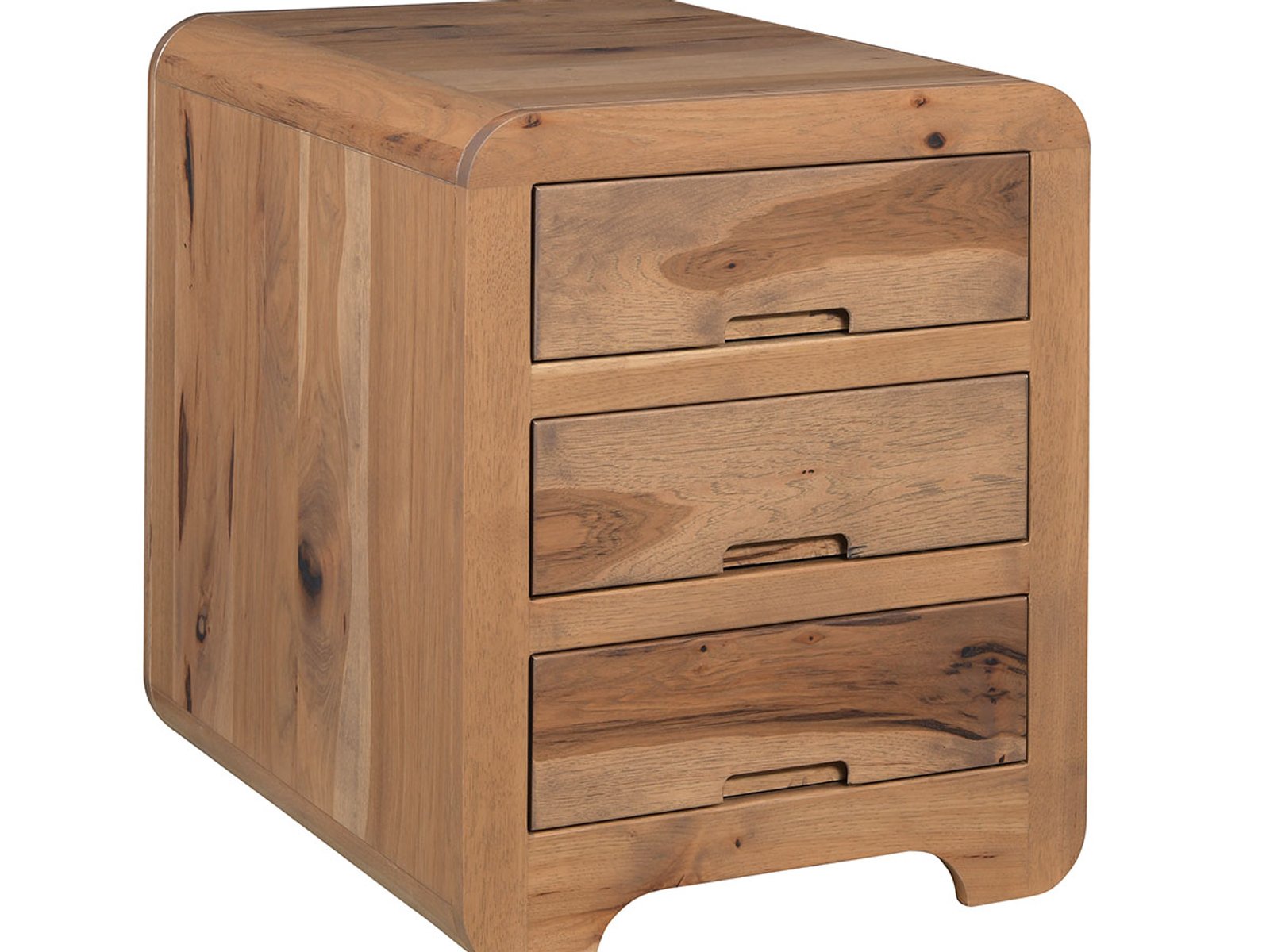 hand-rubbed finish hardwood Rounded Edge Three-drawer Solid Wood Nightstand, Rounded Edge Three-drawer Solid Wood Nightstand in a showroom vignette setting highlighting Rounded Edge Three-drawer Solid Wood Nightstand (frame 1 of 1).