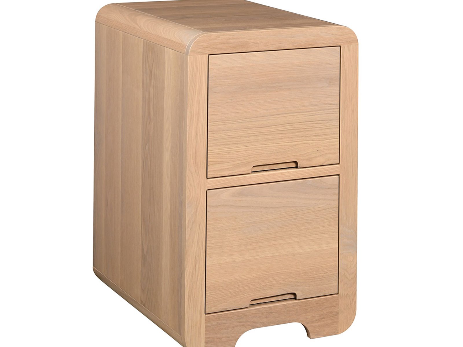 hand-rubbed finish hardwood Modern Rounded Edge Two-drawer File Cabinet In Natural Oak, Modern Rounded Edge Two-drawer File Cabinet In Natural Oak in a showroom vignette setting highlighting Modern Rounded Edge Two-drawer File Cabinet In Natural Oak (frame 1 of 1).