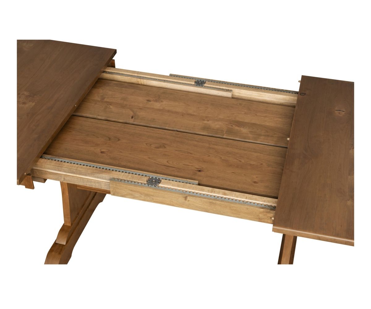 hand-rubbed finish hardwood Signature Solid Wood Trestle Dining Table With Leaves, Signature Solid Wood Trestle Dining Table With Leaves in a showroom vignette setting highlighting Signature Solid Wood Trestle Dining Table With Leaves (thumbnail 3 of 6).