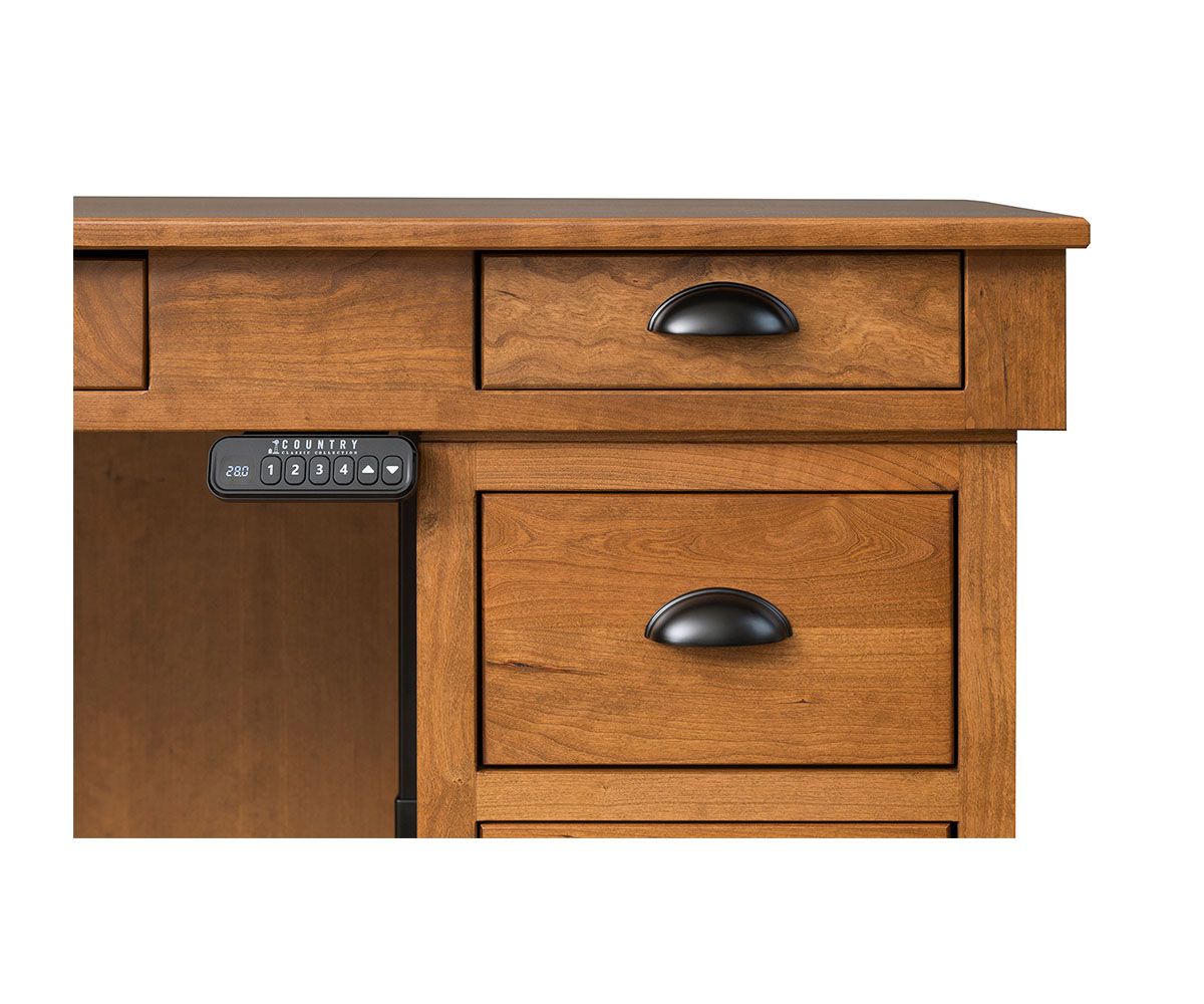 hand-rubbed finish hardwood Mission Style Executive Adjustable Lift Desk With Drawers, Mission Style Executive Adjustable Lift Desk With Drawers in a showroom vignette setting highlighting Mission Style Executive Adjustable Lift Desk With Drawers (thumbnail 4 of 6).