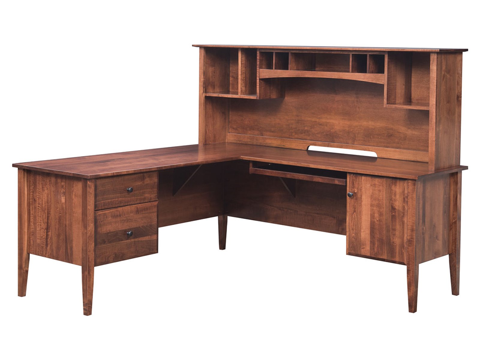 hand-rubbed finish hardwood L-shaped Hardwood Desk With Hutch And Storage, L-shaped Hardwood Desk With Hutch And Storage in a showroom vignette setting highlighting L-shaped Hardwood Desk With Hutch And Storage (frame 1 of 2).