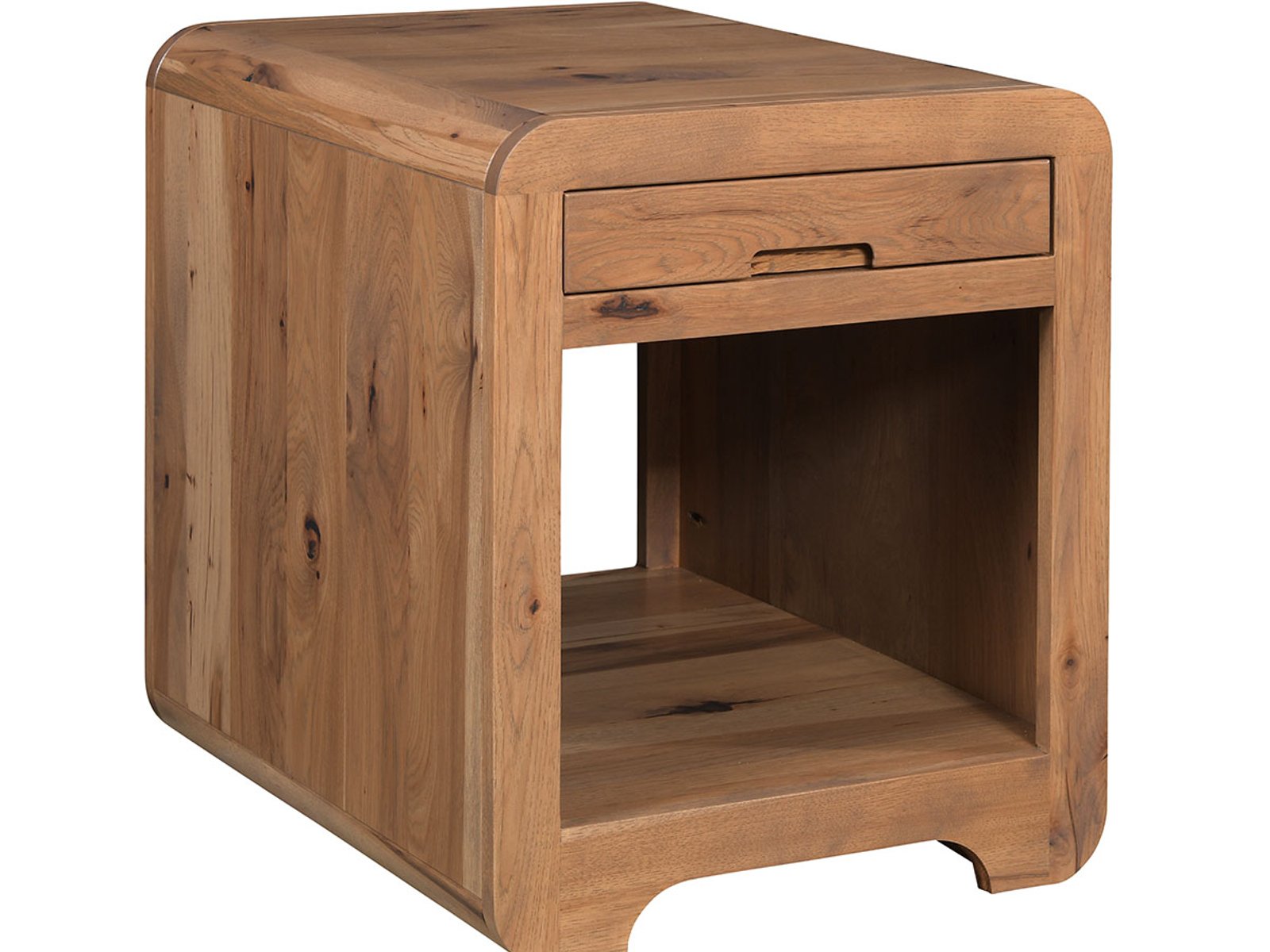 hand-rubbed finish hardwood Rounded Edge Solid Wood Nightstand With Drawer And Open Shelf, Rounded Edge Solid Wood Nightstand With Drawer And Open Shelf in a showroom vignette setting highlighting Rounded Edge Solid Wood Nightstand With Drawer And Open Shelf (frame 1 of 3).