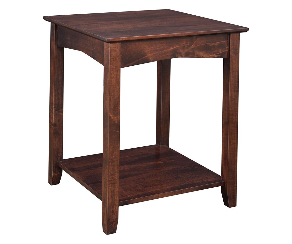 hand-rubbed finish hardwood Mission Style Square End Table With Lower Shelf, Mission Style Square End Table With Lower Shelf in a showroom vignette setting highlighting Mission Style Square End Table With Lower Shelf (thumbnail 2 of 2).