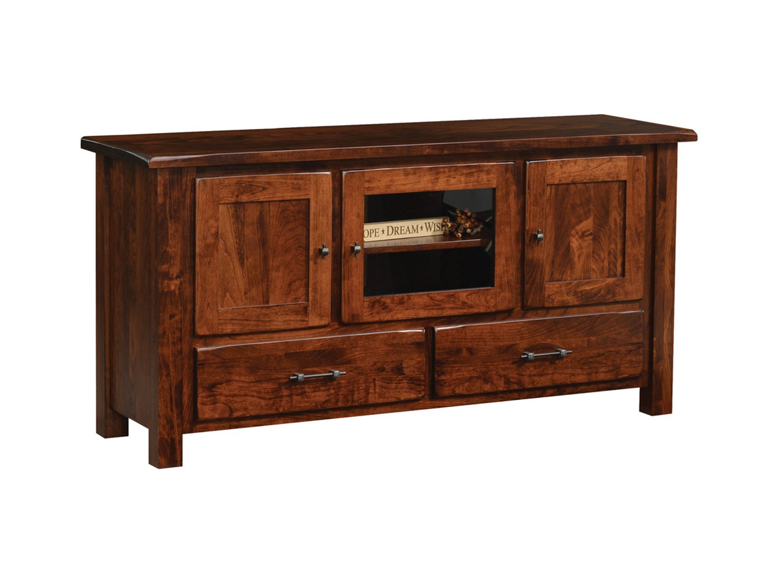 hand-rubbed finish hardwood Shaker Style Media Console With Glass Door And Storage Drawers, Shaker Style Media Console With Glass Door And Storage Drawers in a showroom vignette setting highlighting Shaker Style Media Console With Glass Door And Storage Drawers (frame 1 of 1).