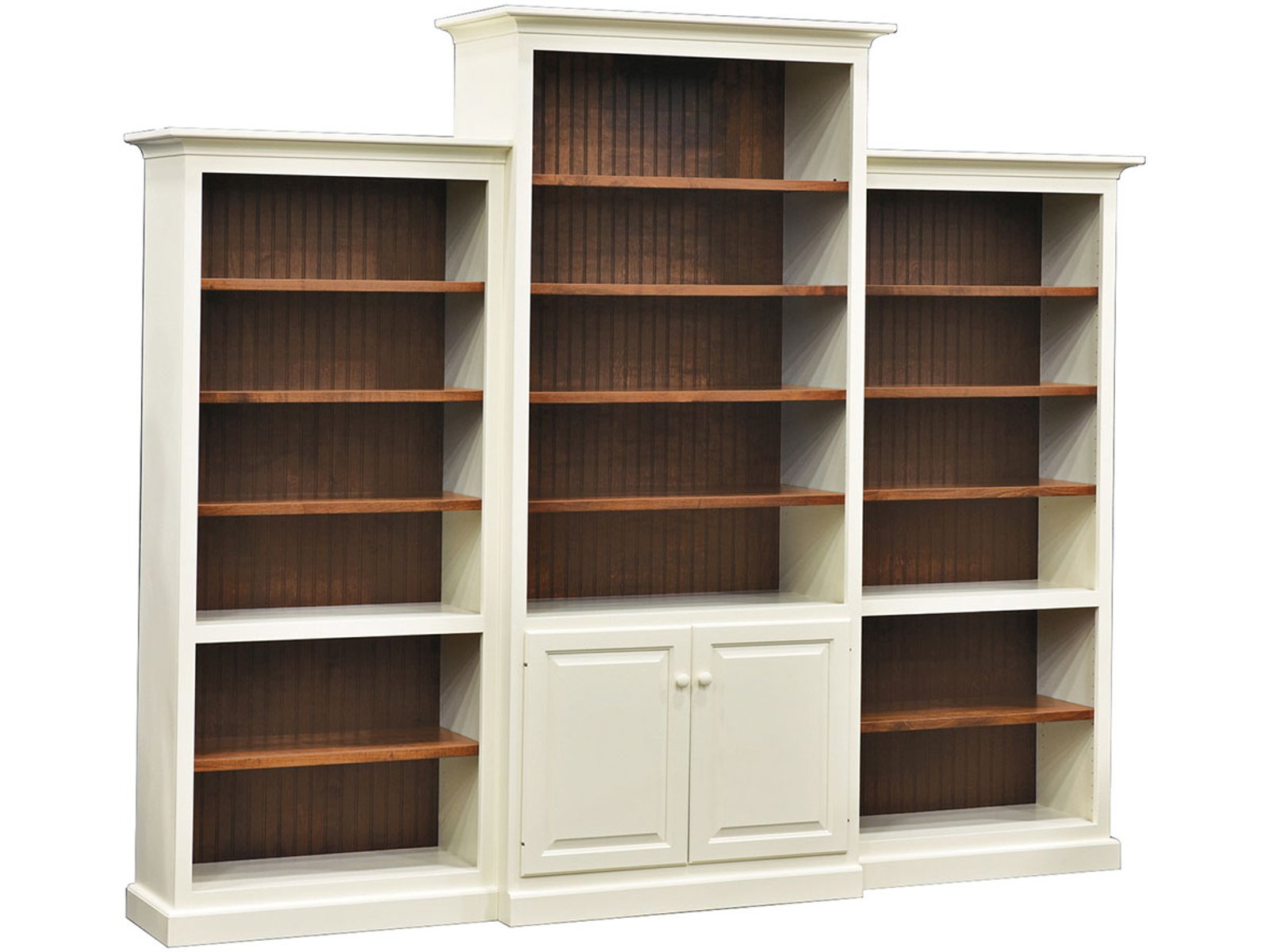 hand-rubbed finish hardwood 3-piece Painted White And Brown Wood Bookcase Set, 3-piece Painted White And Brown Wood Bookcase Set in a showroom vignette setting highlighting 3-piece Painted White And Brown Wood Bookcase Set (frame 1 of 1).
