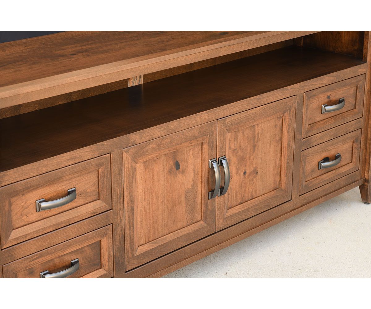 hand-rubbed finish hardwood Modern Rustic Four-drawer Solid Wood Tv Stand With Open Shelf, Modern Rustic Four-drawer Solid Wood Tv Stand With Open Shelf in a showroom vignette setting highlighting Modern Rustic Four-drawer Solid Wood Tv Stand With Open Shelf (thumbnail 4 of 6).