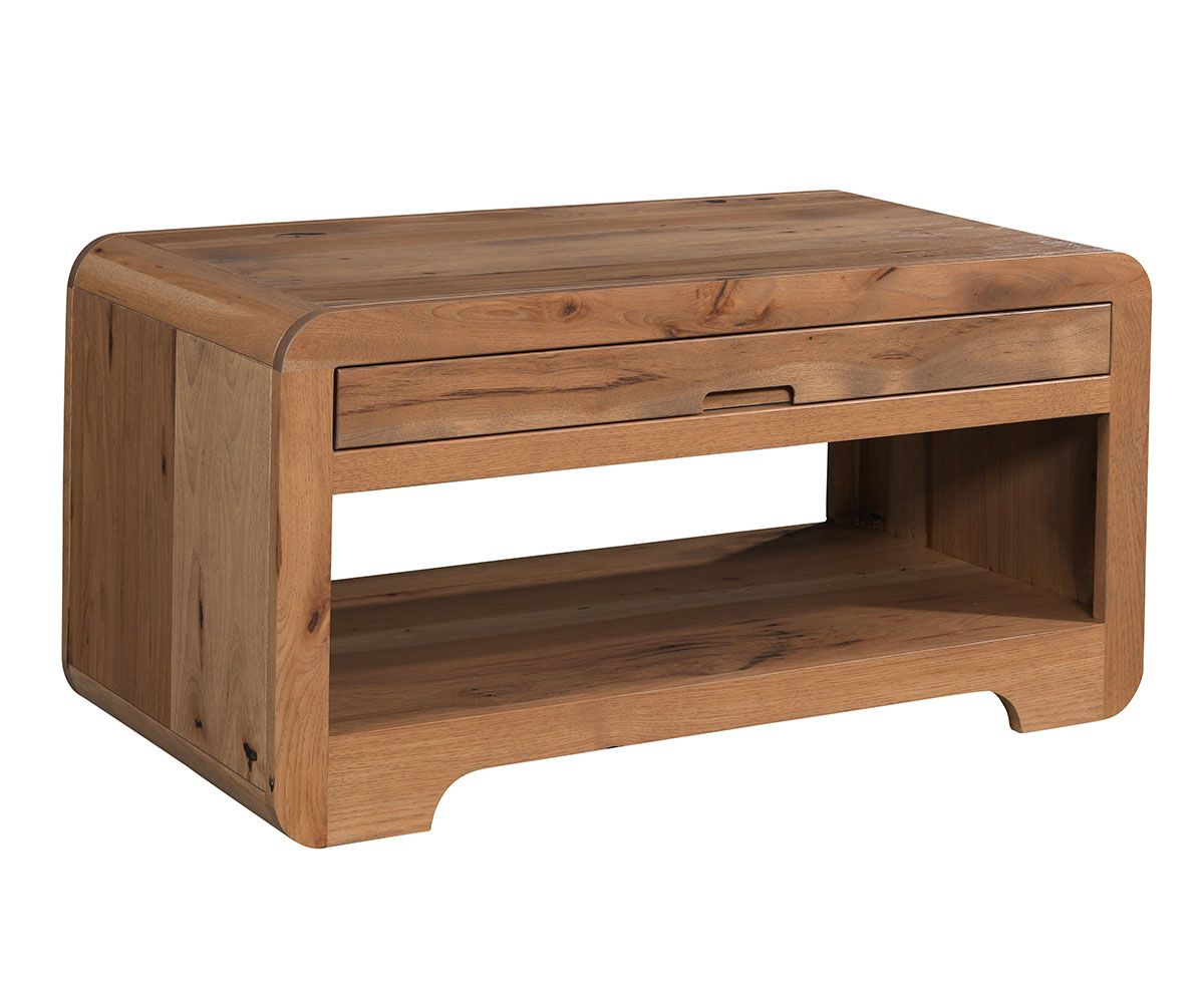 Rounded Edge Solid Wood Coffee Table With Drawer And Shelf