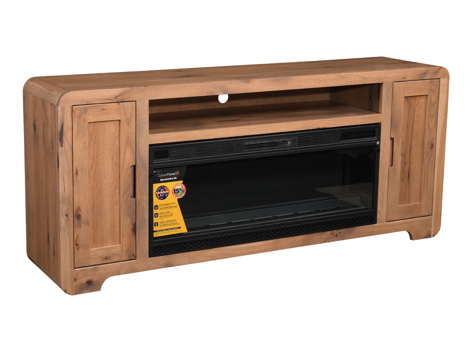hand-rubbed finish hardwood Natural Wood Fireplace Tv Console With Storage Cabinets, Natural Wood Fireplace Tv Console With Storage Cabinets in a showroom vignette setting highlighting Natural Wood Fireplace Tv Console With Storage Cabinets (frame 1 of 1).