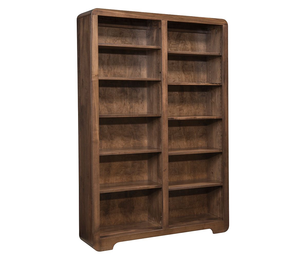 hand-rubbed finish hardwood Rounded Edge Double Bay Adjustable Wood Bookcase, Rounded Edge Double Bay Adjustable Wood Bookcase in a showroom vignette setting highlighting Rounded Edge Double Bay Adjustable Wood Bookcase (thumbnail 4 of 6).