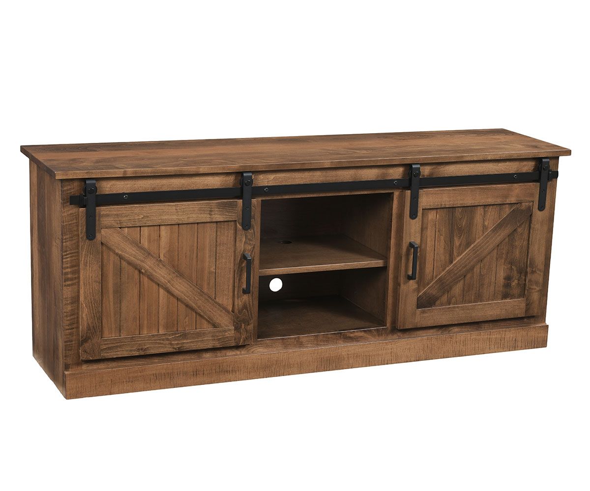 hand-rubbed finish hardwood Rustic Sliding Barn Door Tv Console, Rustic Sliding Barn Door Tv Console in a showroom vignette setting highlighting Rustic Sliding Barn Door Tv Console (thumbnail 2 of 2).