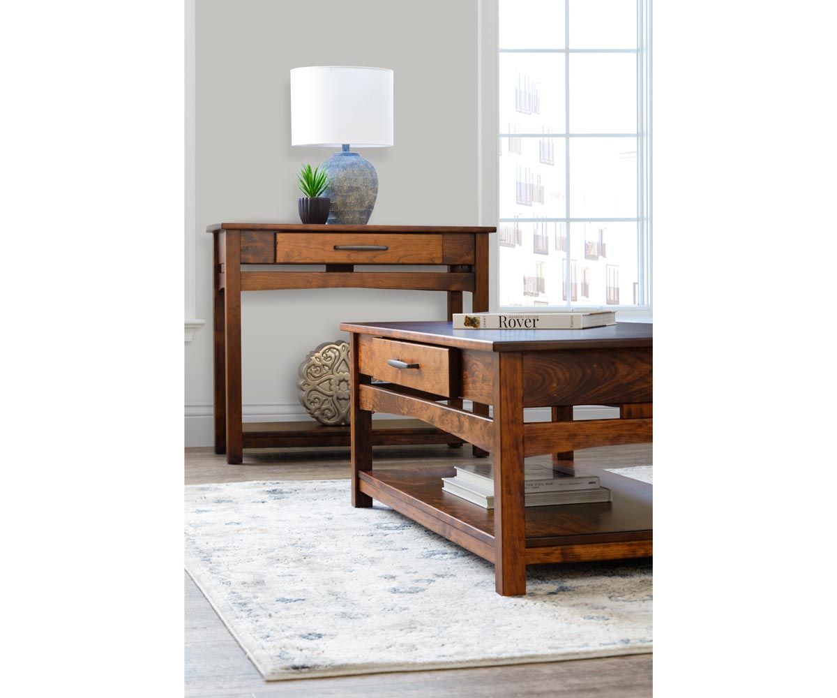 hand-rubbed finish hardwood Homestead Mission Style Coffee Table With Drawer And Shelf, Homestead Mission Style Coffee Table With Drawer And Shelf in a Homestead vignette setting highlighting Homestead Mission Style Coffee Table With Drawer And Shelf (thumbnail 2 of 2).