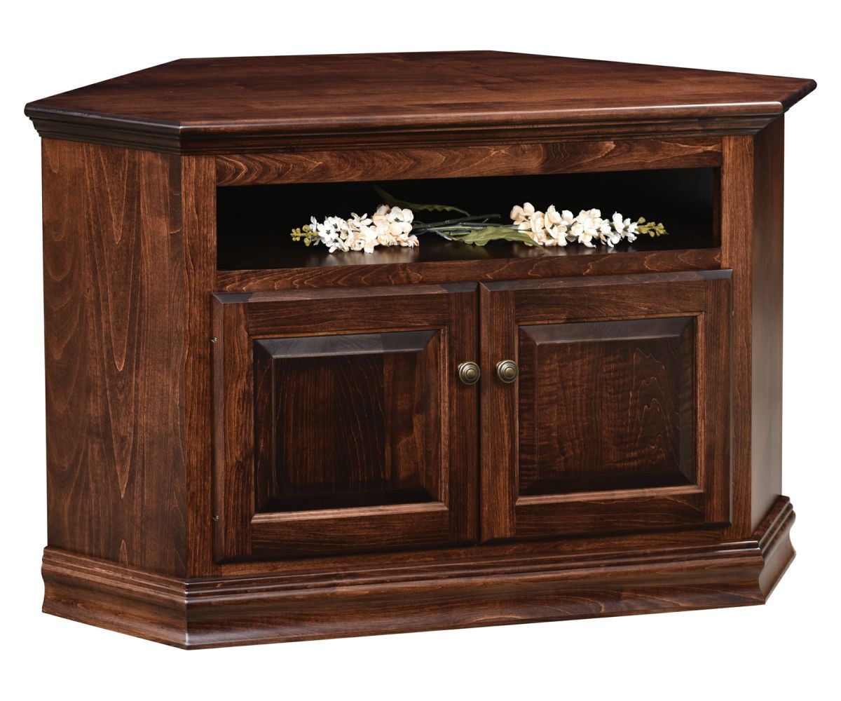 Classic Corner Tv Stand With Paneled Doors And Open Shelf