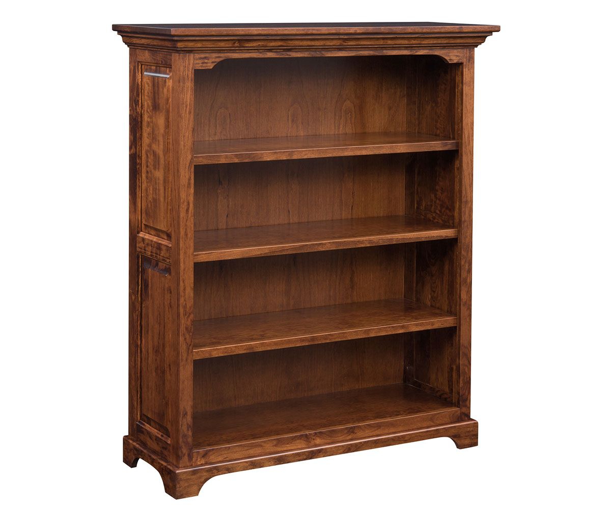 hand-rubbed finish hardwood Solid Wood Bookcase With Crown Molding, Solid Wood Bookcase With Crown Molding in a showroom vignette setting highlighting Solid Wood Bookcase With Crown Molding (thumbnail 8 of 9).