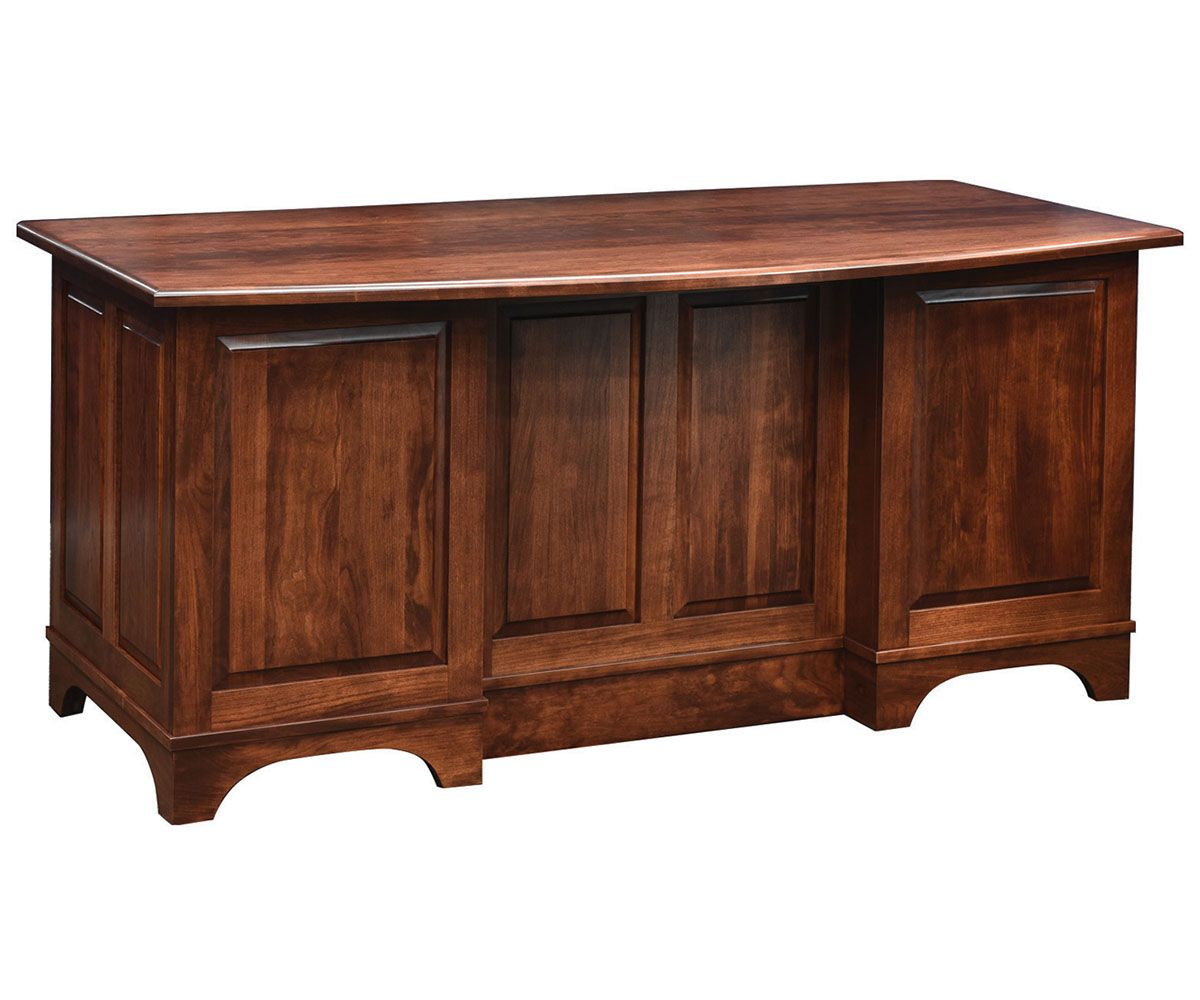 hand-rubbed finish hardwood Traditional Double Pedestal Executive Desk, Traditional Double Pedestal Executive Desk in a showroom vignette setting highlighting Traditional Double Pedestal Executive Desk (thumbnail 3 of 4).