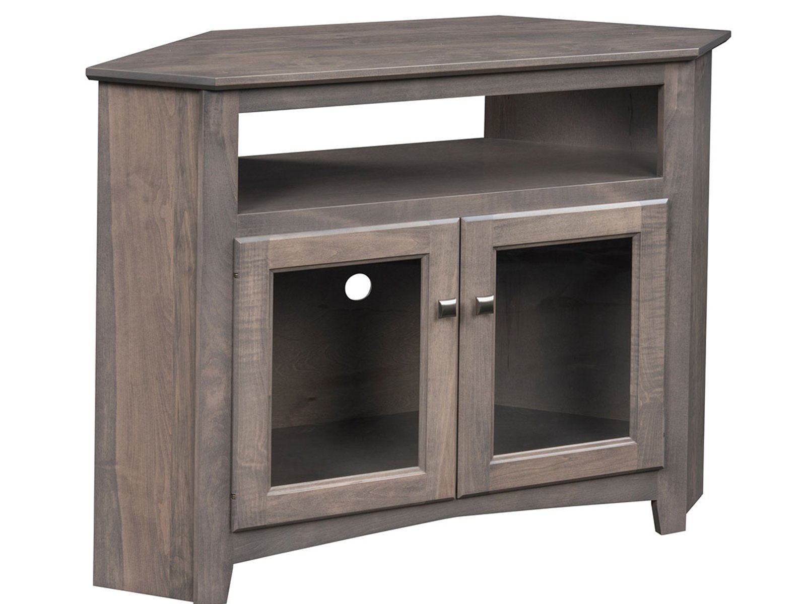hand-rubbed finish hardwood Corner Tv Console With Glass Doors, Corner Tv Console With Glass Doors in a showroom vignette setting highlighting Corner Tv Console With Glass Doors (frame 1 of 3).
