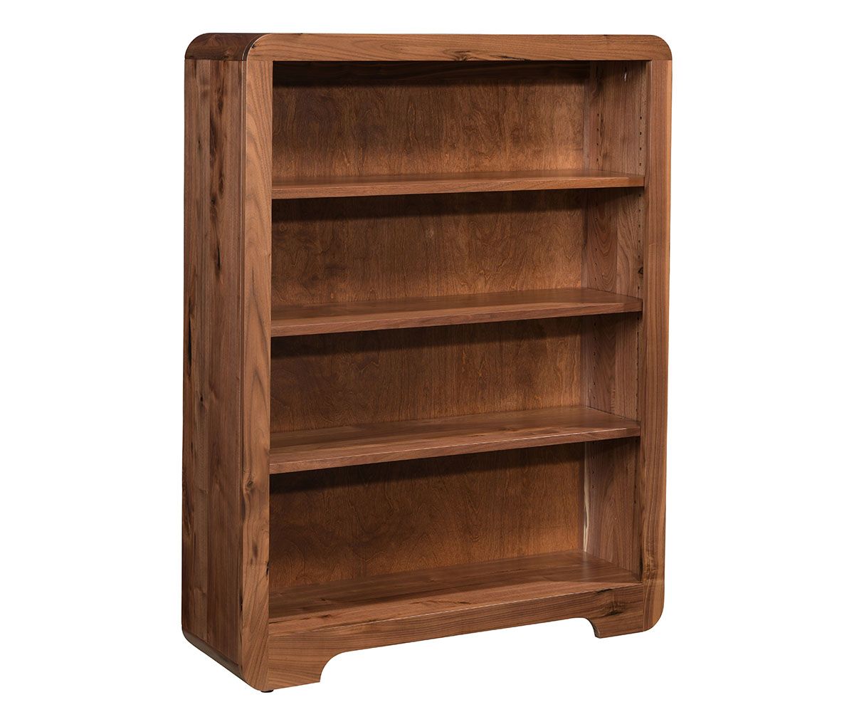 hand-rubbed finish hardwood Rounded Edge Solid Wood Bookcase With Adjustable Shelves, Rounded Edge Solid Wood Bookcase With Adjustable Shelves in a showroom vignette setting highlighting Rounded Edge Solid Wood Bookcase With Adjustable Shelves (thumbnail 2 of 5).