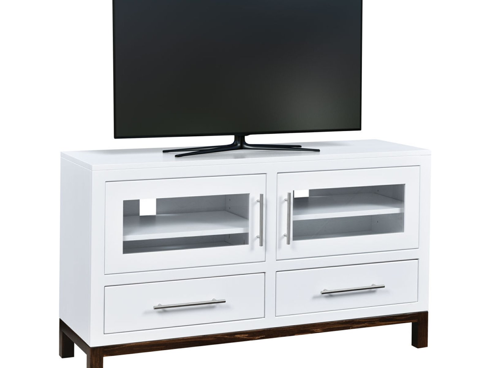 hand-rubbed finish hardwood Modern White Glass-front Media Console With Storage Drawers, Modern White Glass-front Media Console With Storage Drawers in a showroom vignette setting highlighting Modern White Glass-front Media Console With Storage Drawers (frame 1 of 1).