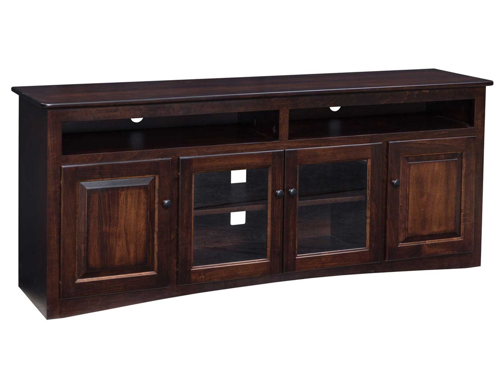 hand-rubbed finish hardwood Economy Four-door Curved Front Tv Stand With Glass Panels, Economy Four-door Curved Front Tv Stand With Glass Panels in a showroom vignette setting highlighting Economy Four-door Curved Front Tv Stand With Glass Panels (frame 1 of 1).