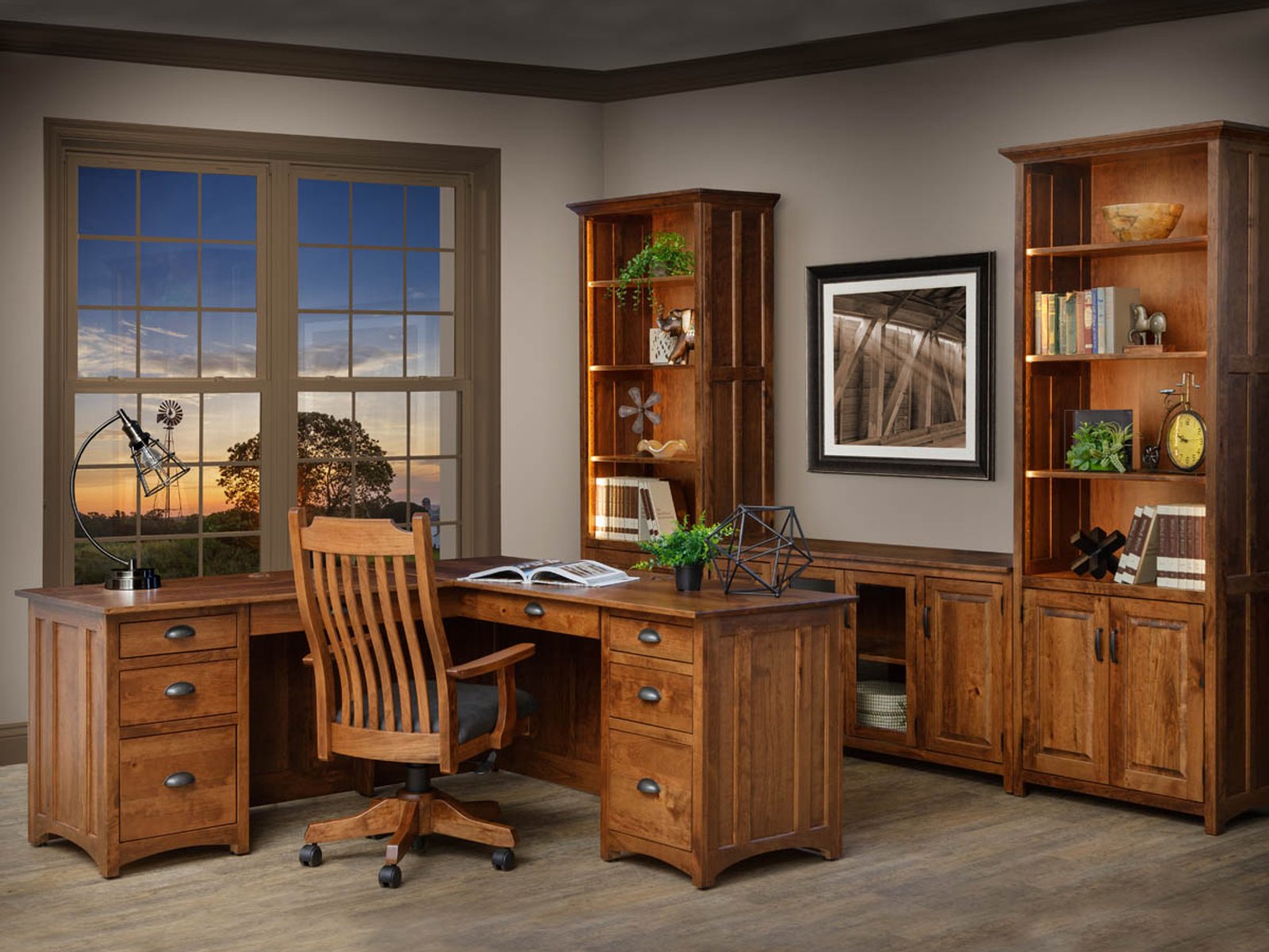 hand-rubbed finish hardwood Mission Style Hardwood Office Chair With Casters, Mission Style Hardwood Office Chair With Casters in a showroom vignette setting highlighting Mission Style Hardwood Office Chair With Casters (frame 1 of 2).