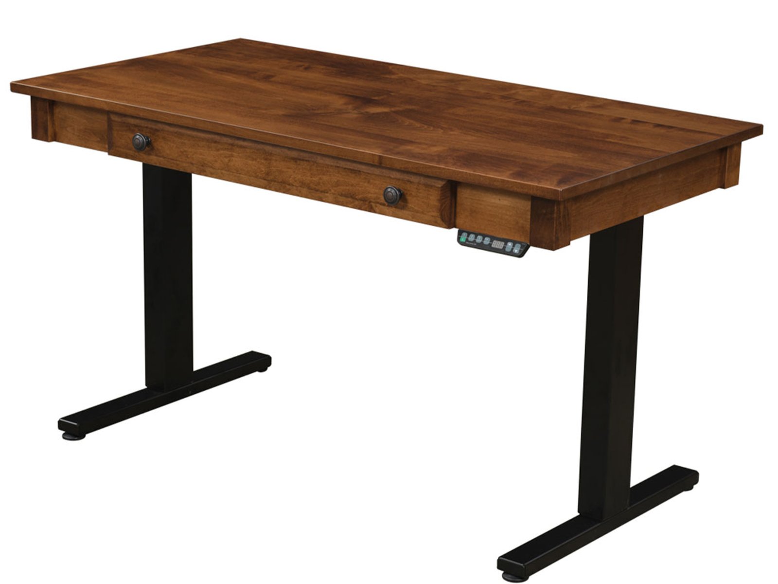 hand-rubbed finish hardwood Adjustable Height Solid Wood Desk With Drawer And Control Panel, Adjustable Height Solid Wood Desk With Drawer And Control Panel in a showroom vignette setting highlighting Adjustable Height Solid Wood Desk With Drawer And Control Panel (frame 1 of 6).