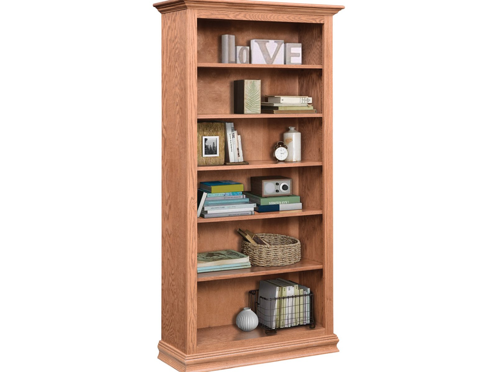 hand-rubbed finish hardwood Tall Classic Crown Molding Bookcase With Adjustable Shelves, Tall Classic Crown Molding Bookcase With Adjustable Shelves in a showroom vignette setting highlighting Tall Classic Crown Molding Bookcase With Adjustable Shelves (frame 1 of 1).