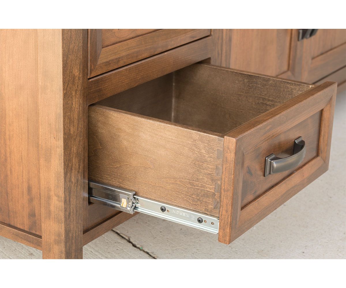 hand-rubbed finish hardwood Modern Rustic Four-drawer Solid Wood Tv Stand With Open Shelf, Modern Rustic Four-drawer Solid Wood Tv Stand With Open Shelf in a showroom vignette setting highlighting Modern Rustic Four-drawer Solid Wood Tv Stand With Open Shelf (thumbnail 3 of 6).