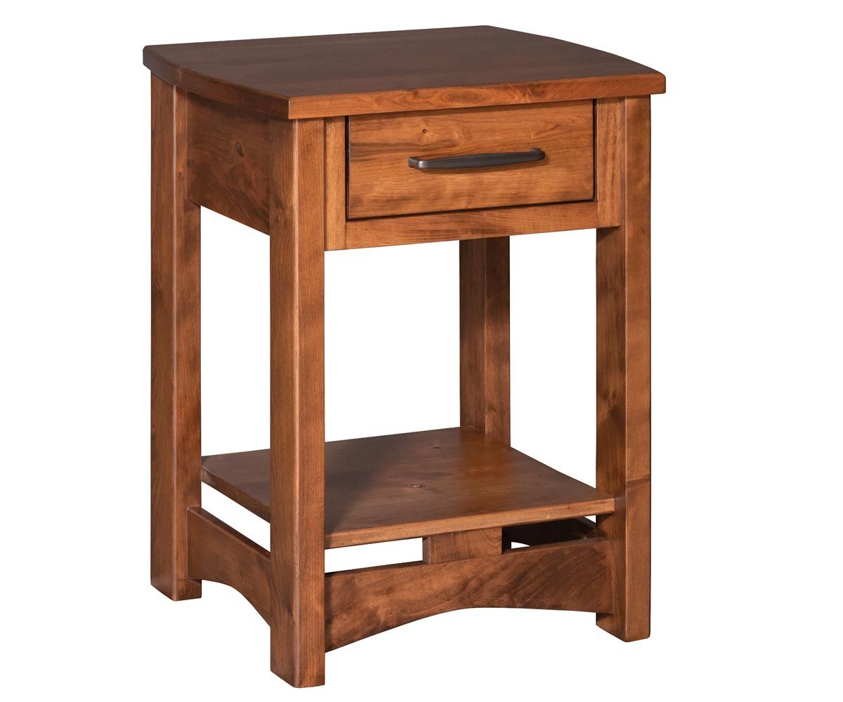 hand-rubbed finish hardwood Mission Style 1-drawer Nightstand With Shelf, Mission Style 1-drawer Nightstand With Shelf in a showroom vignette setting highlighting Mission Style 1-drawer Nightstand With Shelf (thumbnail 4 of 5).