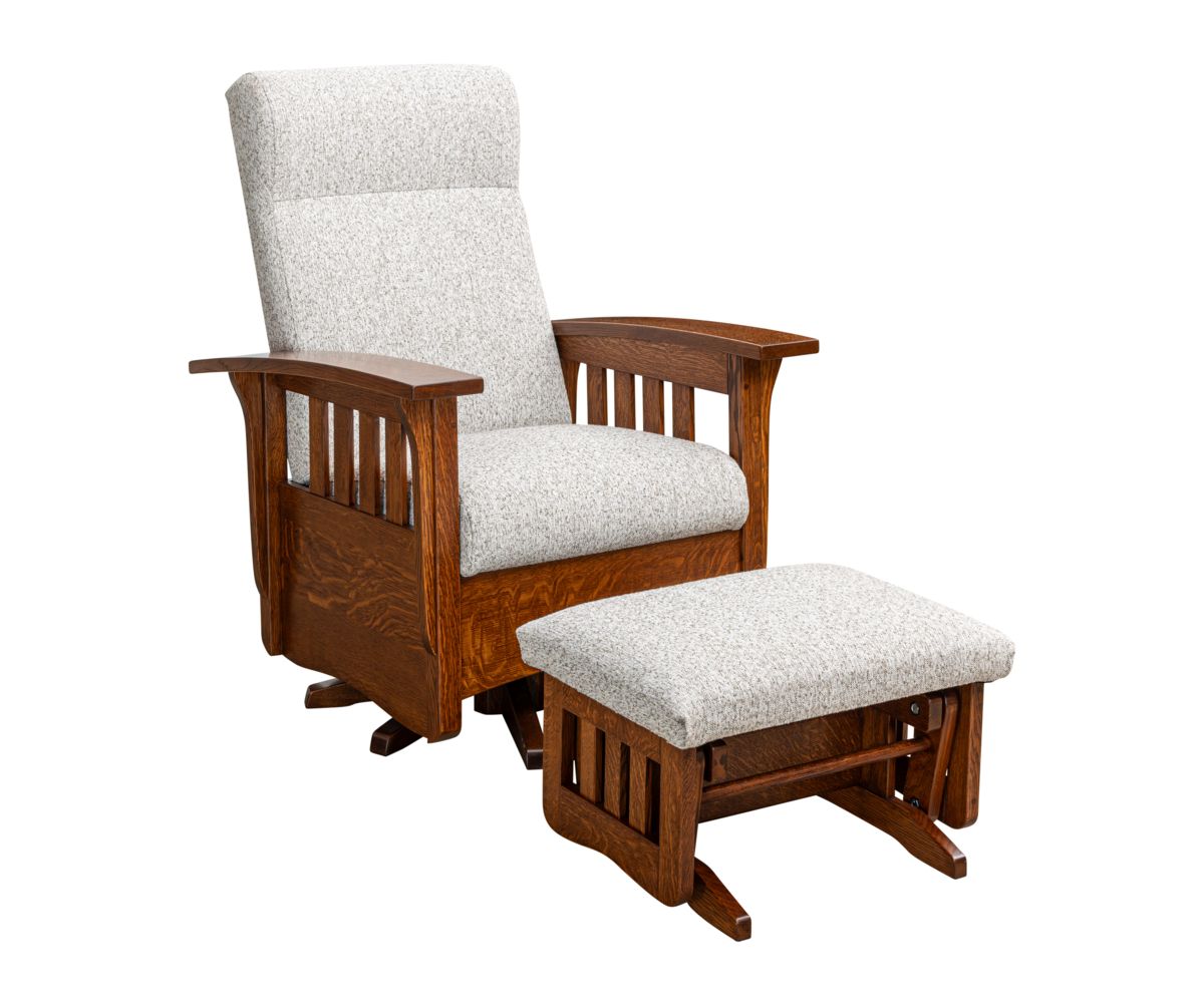 hand-rubbed finish hardwood Swivel Glider Chair With Ottoman, Swivel Glider Chair With Ottoman in a showroom vignette setting highlighting Swivel Glider Chair With Ottoman (thumbnail 2 of 11).