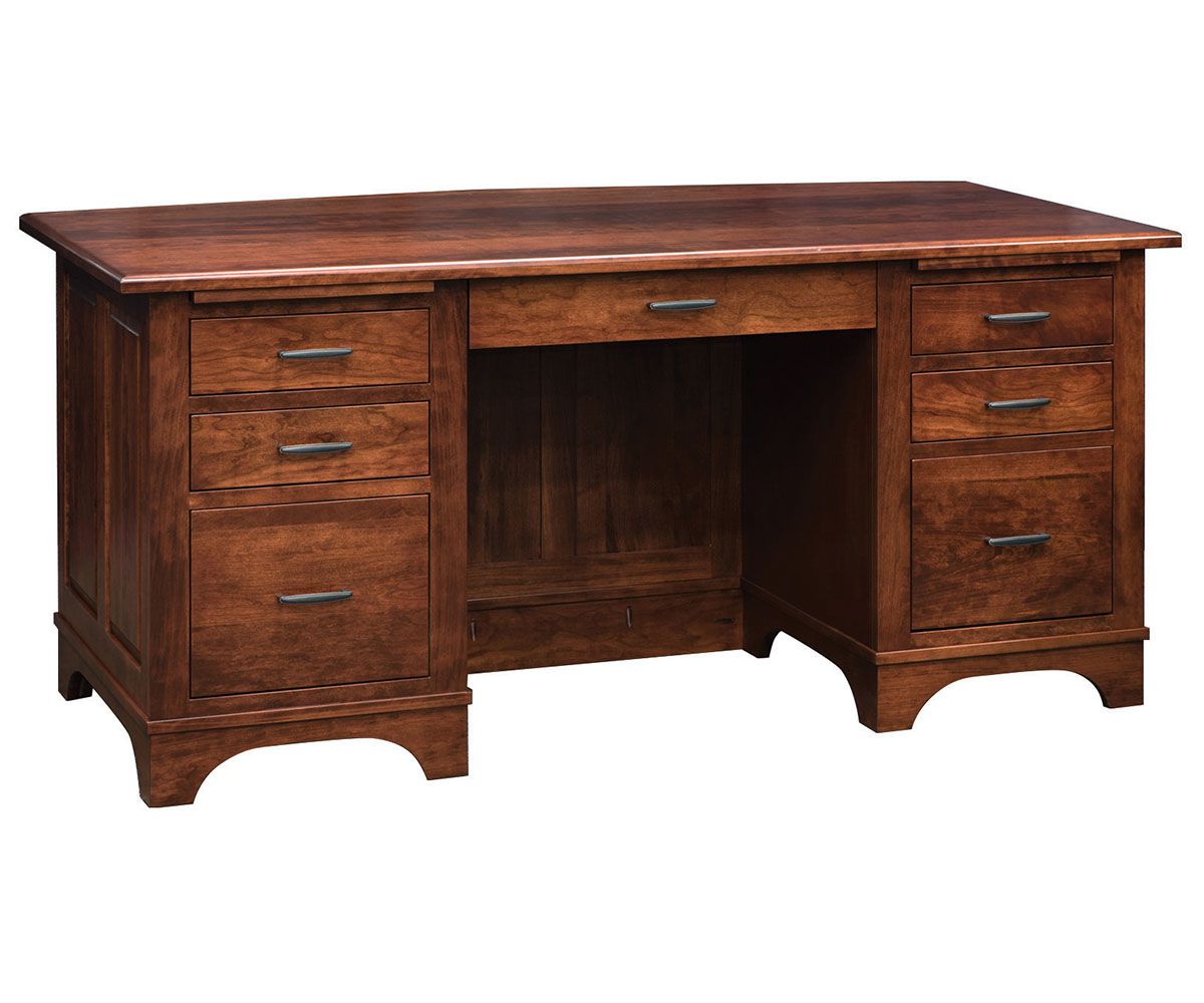 hand-rubbed finish hardwood Traditional Double Pedestal Executive Desk, Traditional Double Pedestal Executive Desk in a showroom vignette setting highlighting Traditional Double Pedestal Executive Desk (thumbnail 4 of 4).