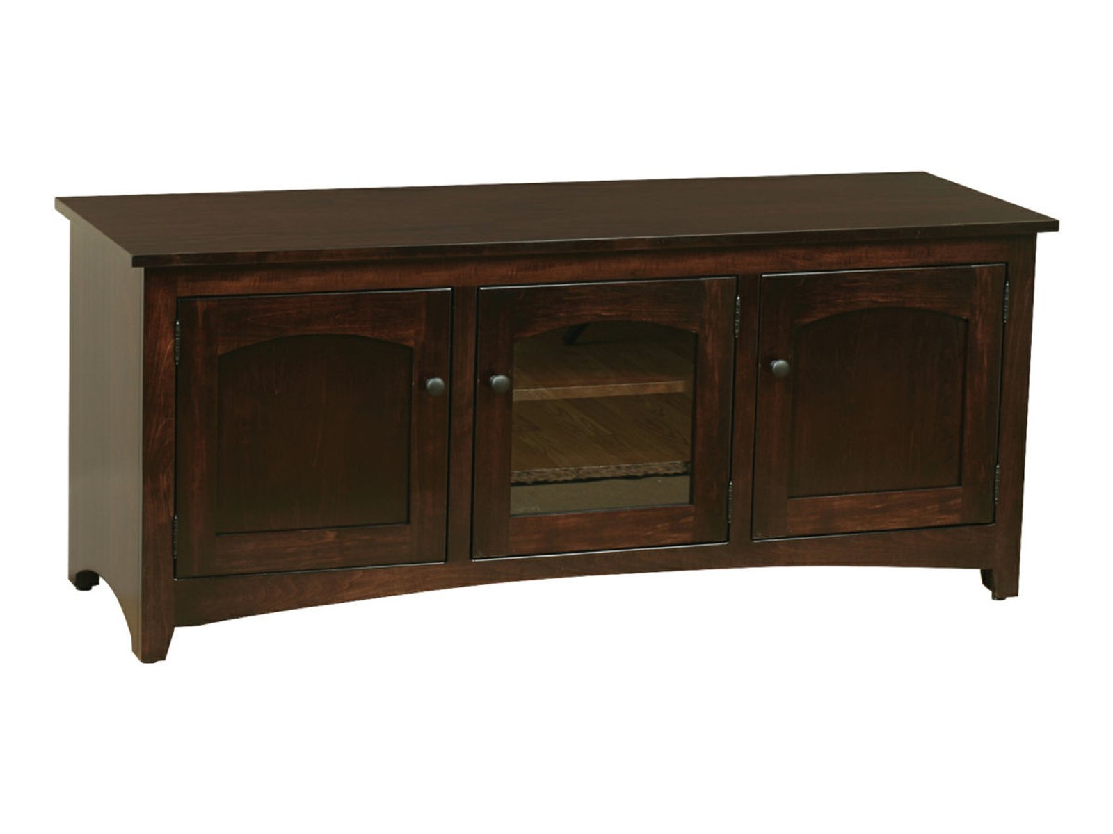 hand-rubbed finish hardwood Arched Panel Three-door Media Console With Glass Center, Arched Panel Three-door Media Console With Glass Center in a showroom vignette setting highlighting Arched Panel Three-door Media Console With Glass Center (frame 1 of 1).