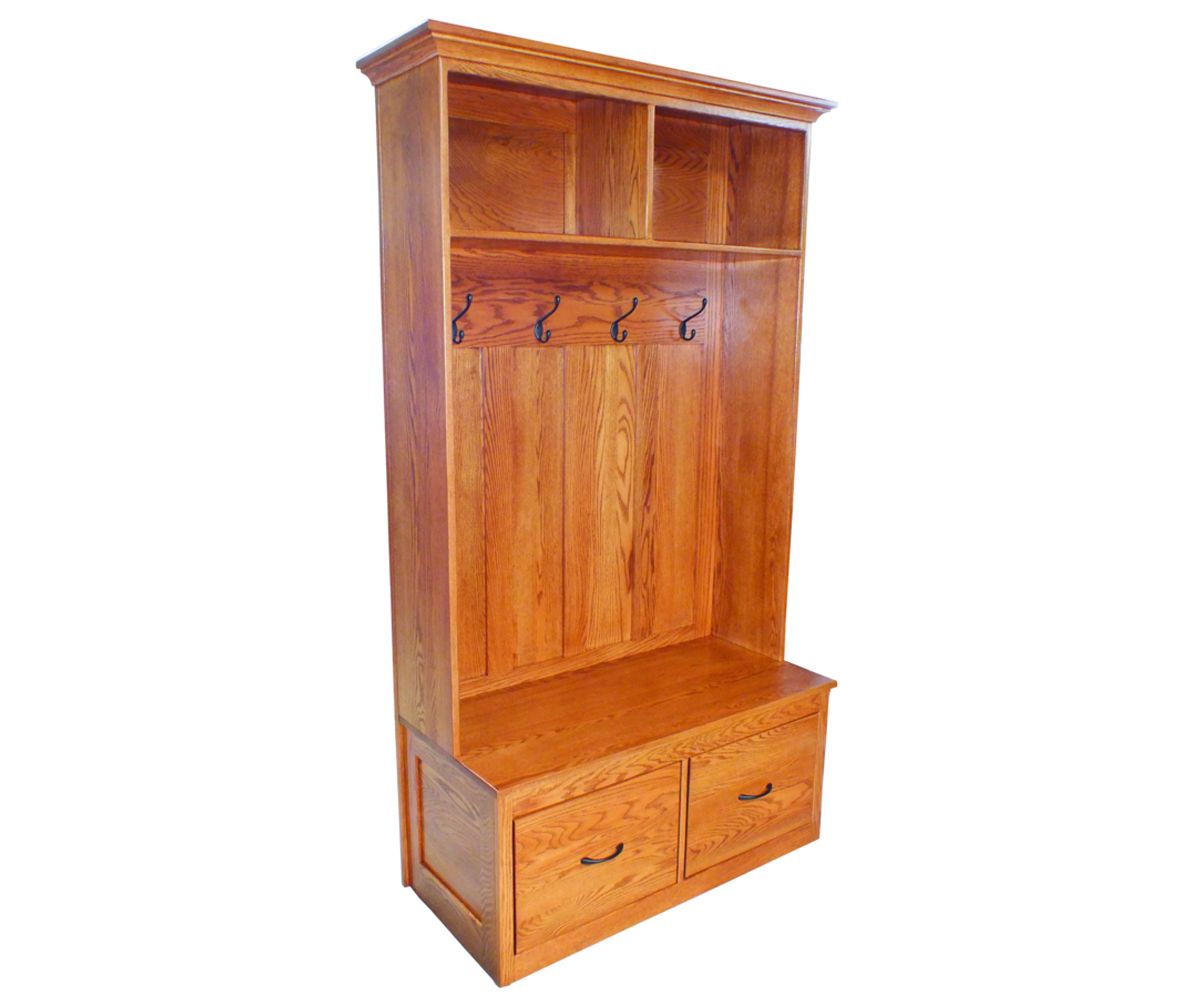 Classic Oak Hall Tree With Bench, Cubbies, And Storage Drawers