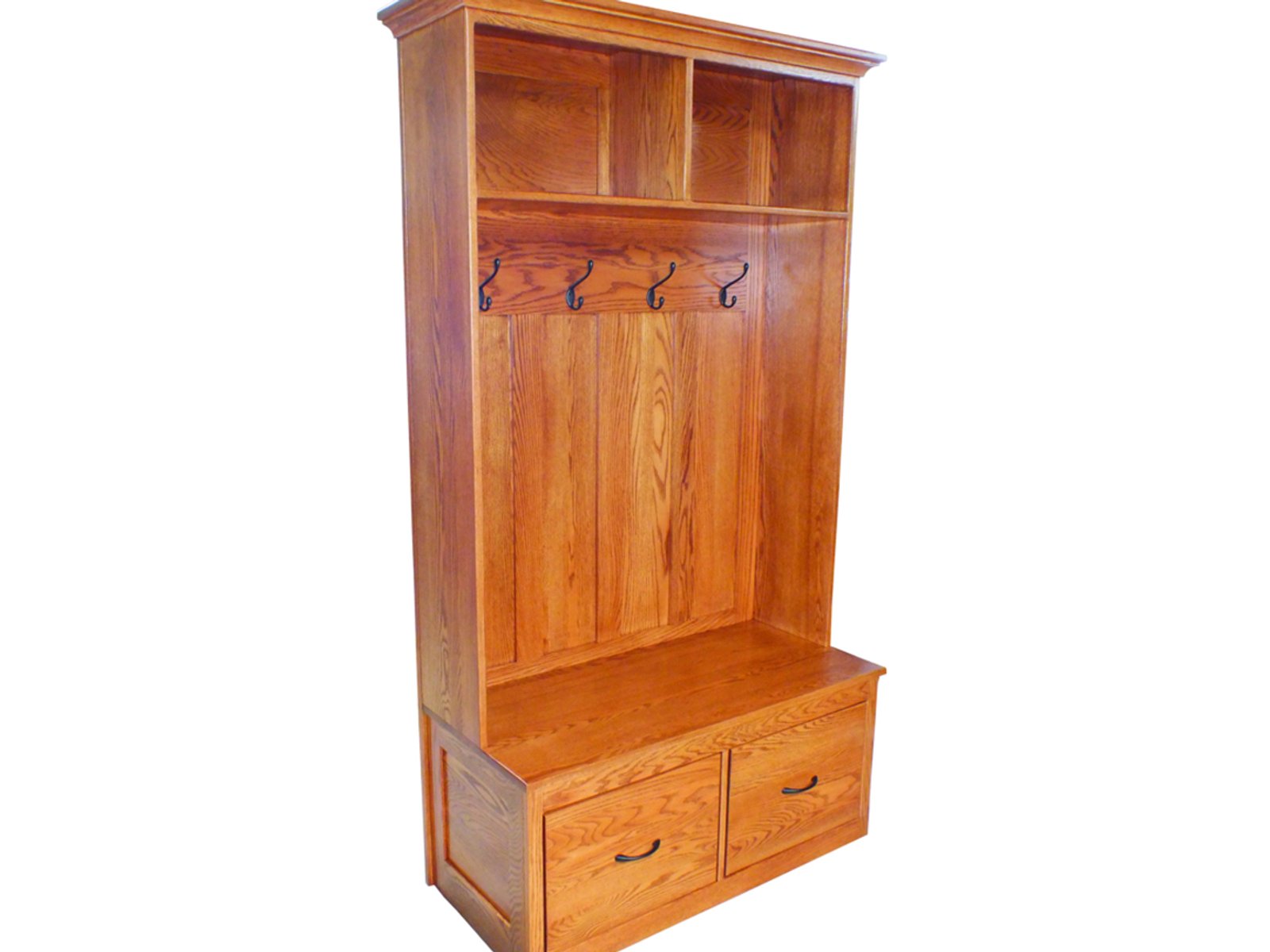 hand-rubbed finish hardwood Classic Oak Hall Tree With Bench, Cubbies, And Storage Drawers, Classic Oak Hall Tree With Bench, Cubbies, And Storage Drawers in a showroom vignette setting highlighting Classic Oak Hall Tree With Bench, Cubbies, And Storage Drawers (frame 1 of 1).