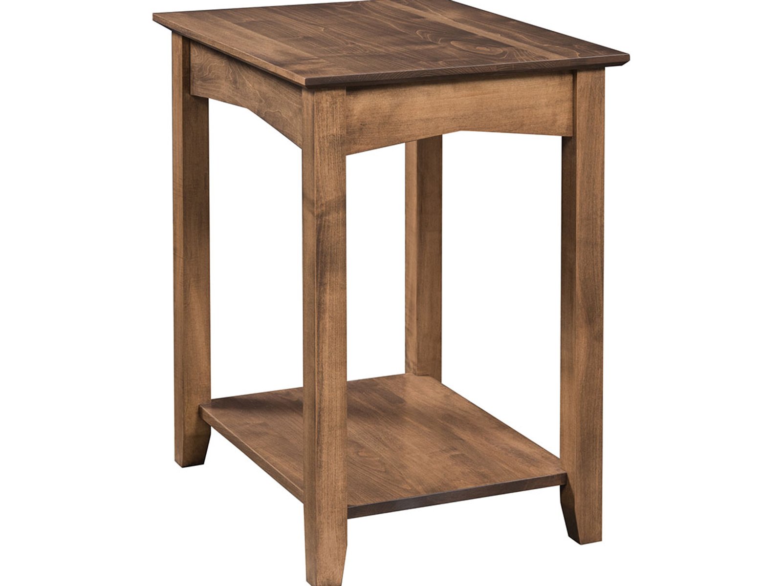 hand-rubbed finish hardwood Mission Style Square End Table With Lower Shelf, Mission Style Square End Table With Lower Shelf in a showroom vignette setting highlighting Mission Style Square End Table With Lower Shelf (frame 1 of 2).