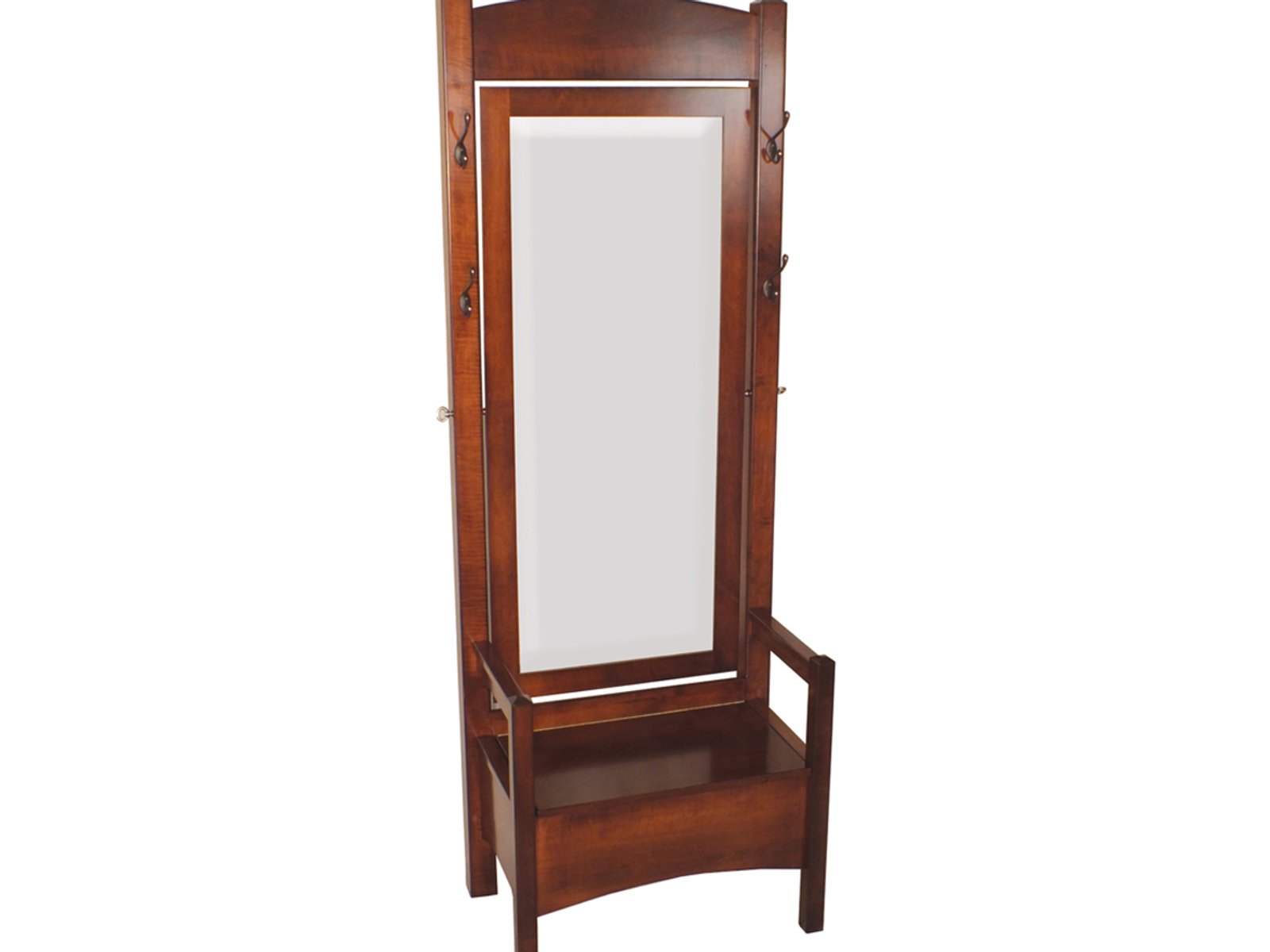 hand-rubbed finish hardwood Arched Hall Tree Bench With Mirror, Hooks, And Storage Compartment, Arched Hall Tree Bench With Mirror, Hooks, And Storage Compartment in a showroom vignette setting highlighting Arched Hall Tree Bench With Mirror, Hooks, And Storage Compartment (frame 1 of 2).