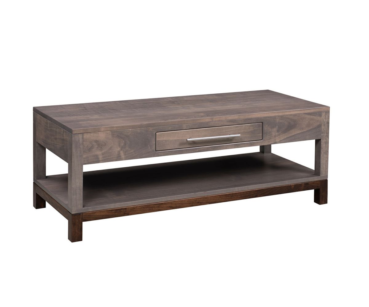 hand-rubbed finish hardwood Rectangular Coffee Table With Drawer And Open Shelf Base, Rectangular Coffee Table With Drawer And Open Shelf Base in a showroom vignette setting highlighting Rectangular Coffee Table With Drawer And Open Shelf Base (thumbnail 6 of 6).