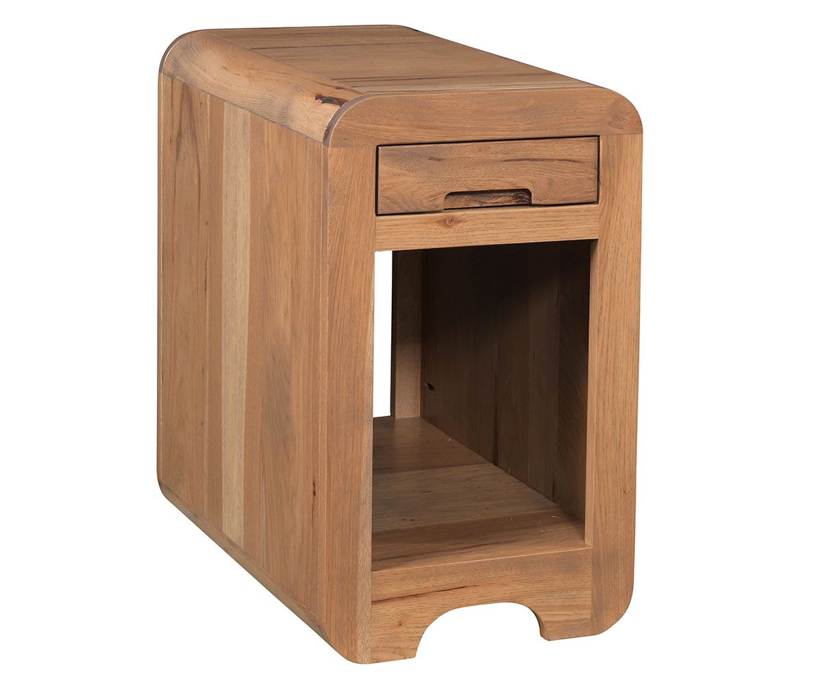 Rounded Edge Solid Wood Chairside Table With Drawer And Open Shelf