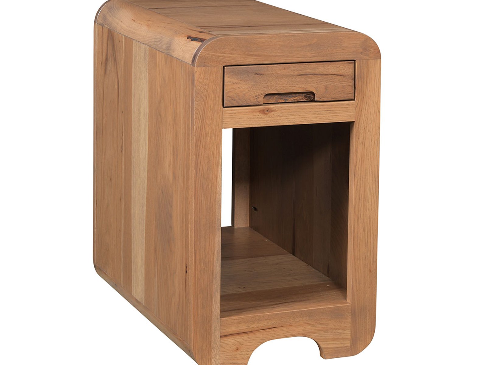 hand-rubbed finish hardwood Rounded Edge Solid Wood Chairside Table With Drawer And Open Shelf, Rounded Edge Solid Wood Chairside Table With Drawer And Open Shelf in a showroom vignette setting highlighting Rounded Edge Solid Wood Chairside Table With Drawer And Open Shelf (frame 1 of 2).