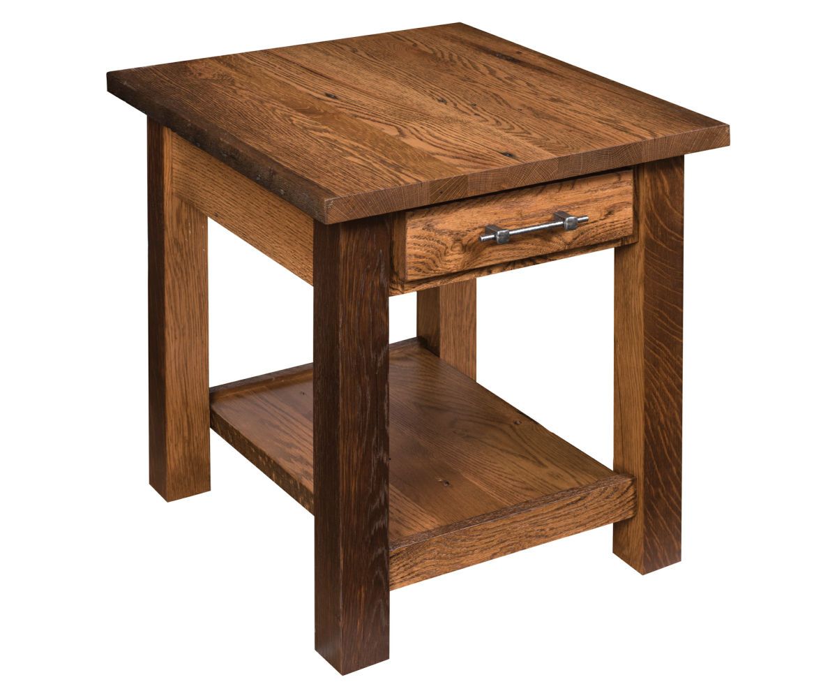 hand-rubbed finish hardwood Square Wood End Table With Drawer And Open Shelf, Square Wood End Table With Drawer And Open Shelf in a showroom vignette setting highlighting Square Wood End Table With Drawer And Open Shelf (thumbnail 6 of 6).